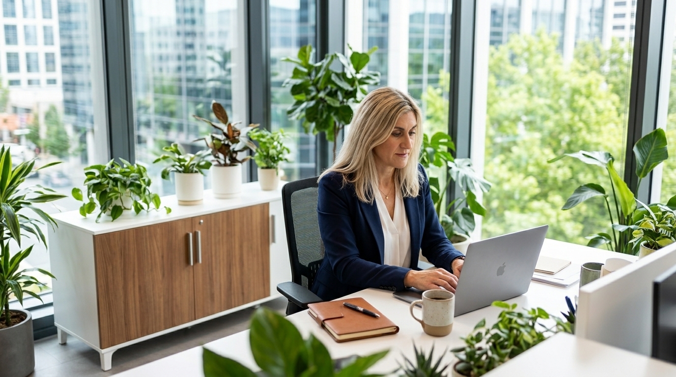 Professional working in a bright office with plants